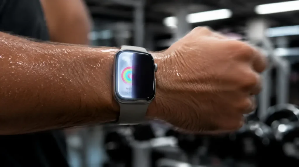 Apple Watch display flickering between bright and dimmed states on a sweaty wrist during gym workout