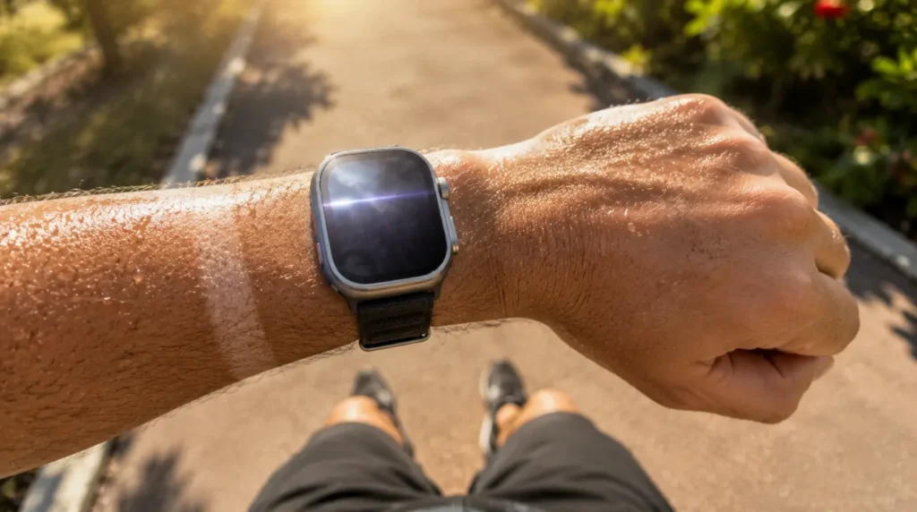 Apple Watch screen flicker caused by direct sunlight glare during outdoor workout
