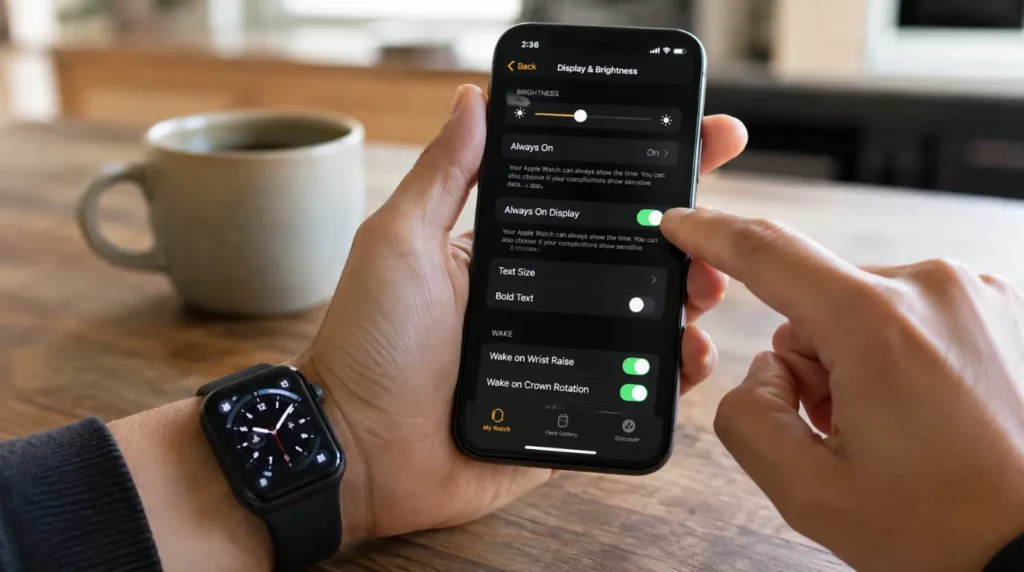 iPhone Watch app open to Always On Display toggle to fix Apple Watch screen flickering