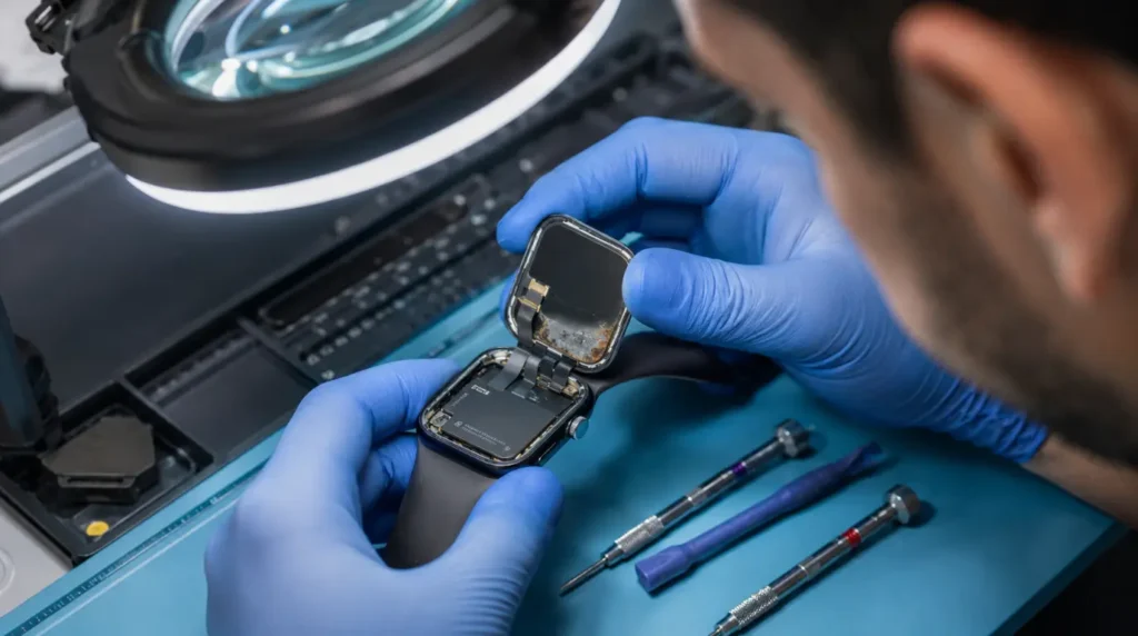 Technician inspecting Apple Watch display connector for hardware-related screen flicker damage