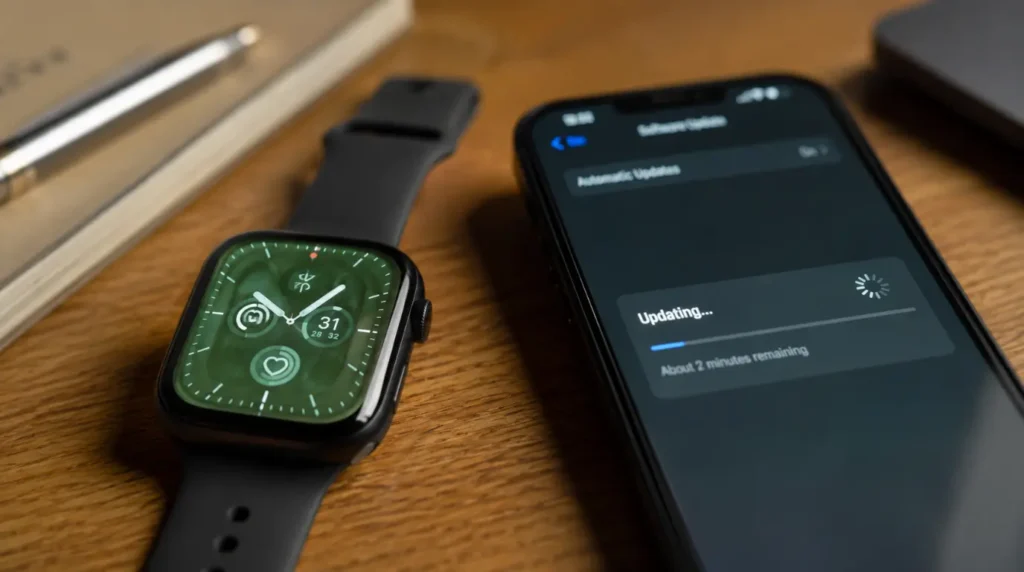Apple Watch with green tinted display next to iPhone software update screen