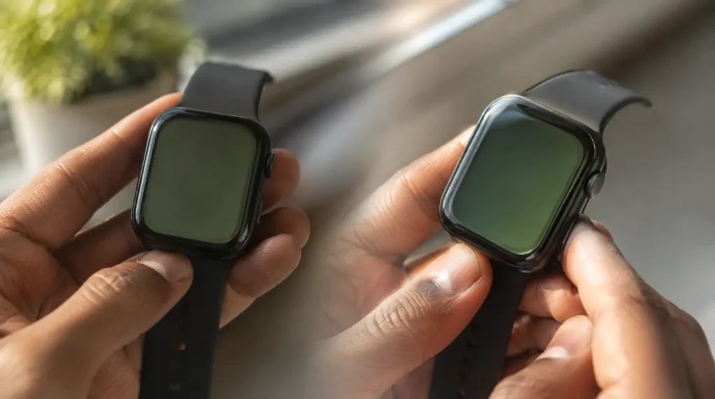 Checking Apple Watch green tint from different viewing angles to diagnose cause