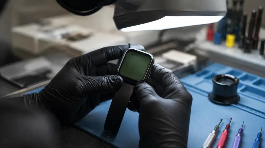 Technician inspecting Apple Watch display for hardware damage at repair bench