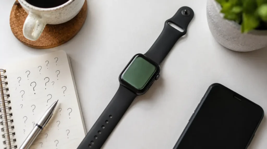 Apple Watch on desk with notes representing common green tint questions
