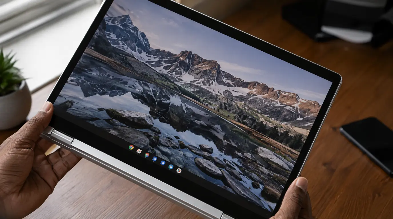 Chromebook screen stuck in landscape mode while device is tilted, showing rotation lock issue