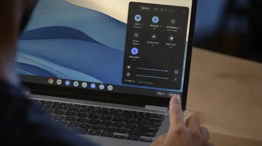 Tapping the auto-rotate toggle in Chromebook Quick Settings to fix screen rotation lock