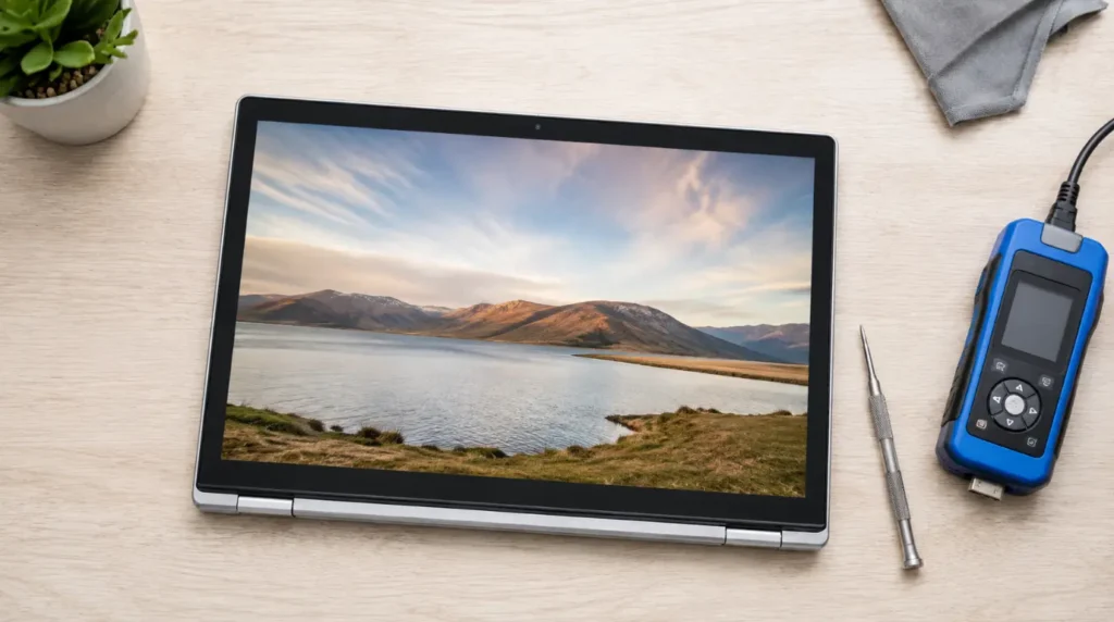 Chromebook folded into tablet mode next to repair tools for a rotation lock fix