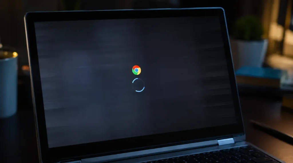 Chromebook screen showing a ChromeOS update in progress that can reset rotation settings