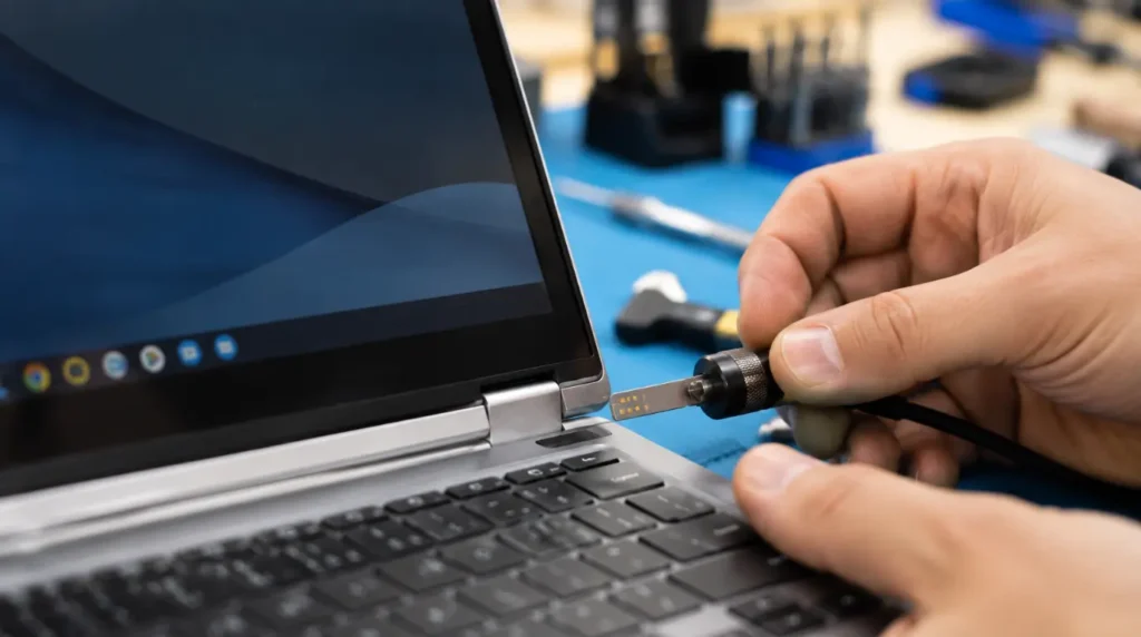Technician checking a Chromebook hinge sensor to diagnose a hardware rotation fault