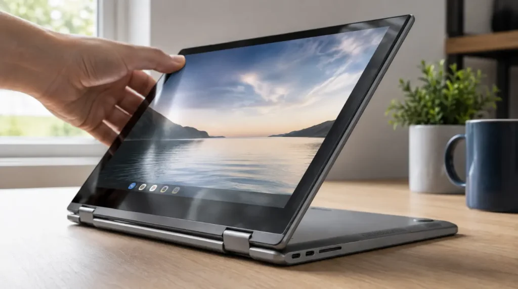 Gently folding a Chromebook into tablet mode to prevent screen rotation lock issues