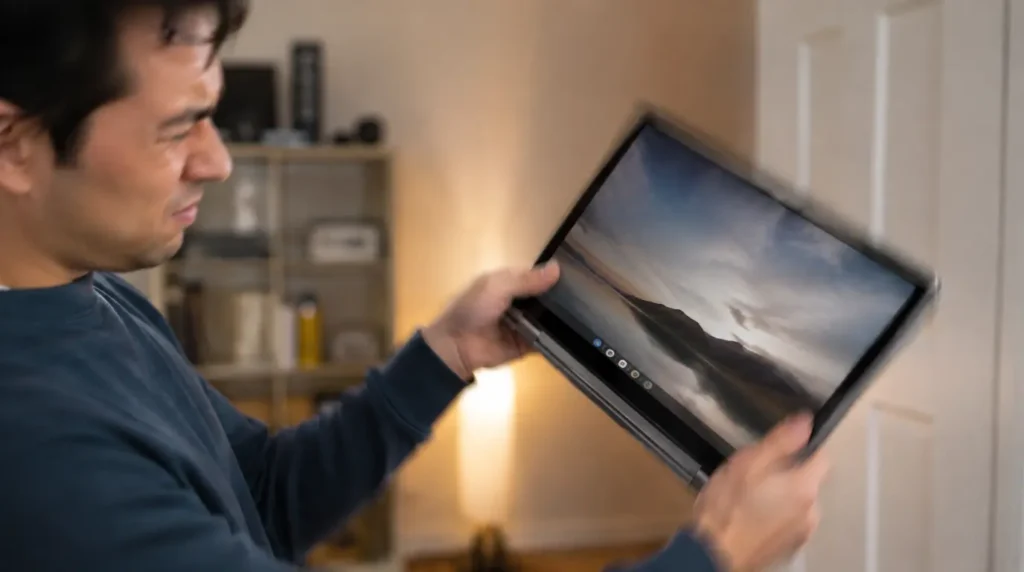 Person shaking a Chromebook trying to force screen rotation instead of checking settings