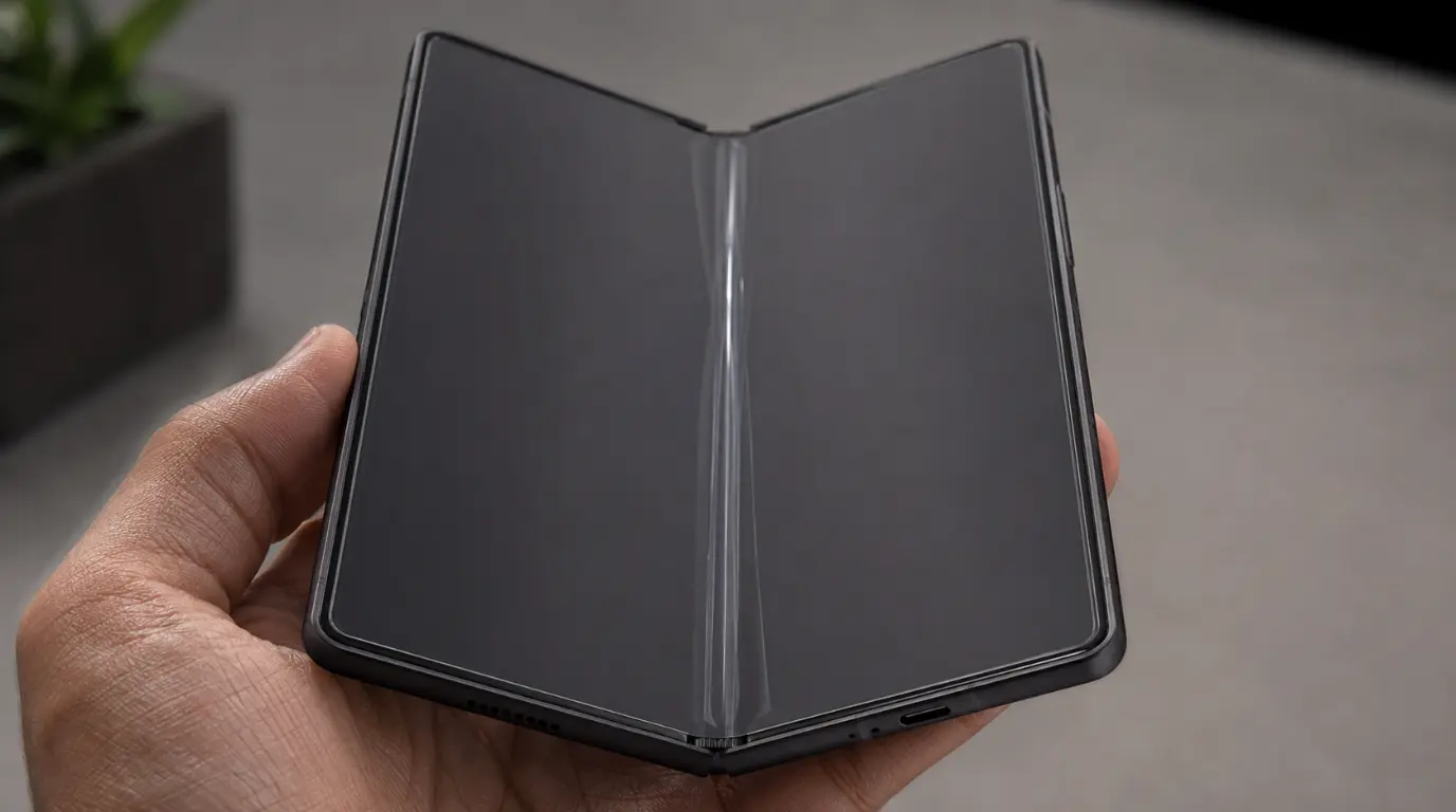 Foldable phone held open showing air bubble under screen protector at the center crease