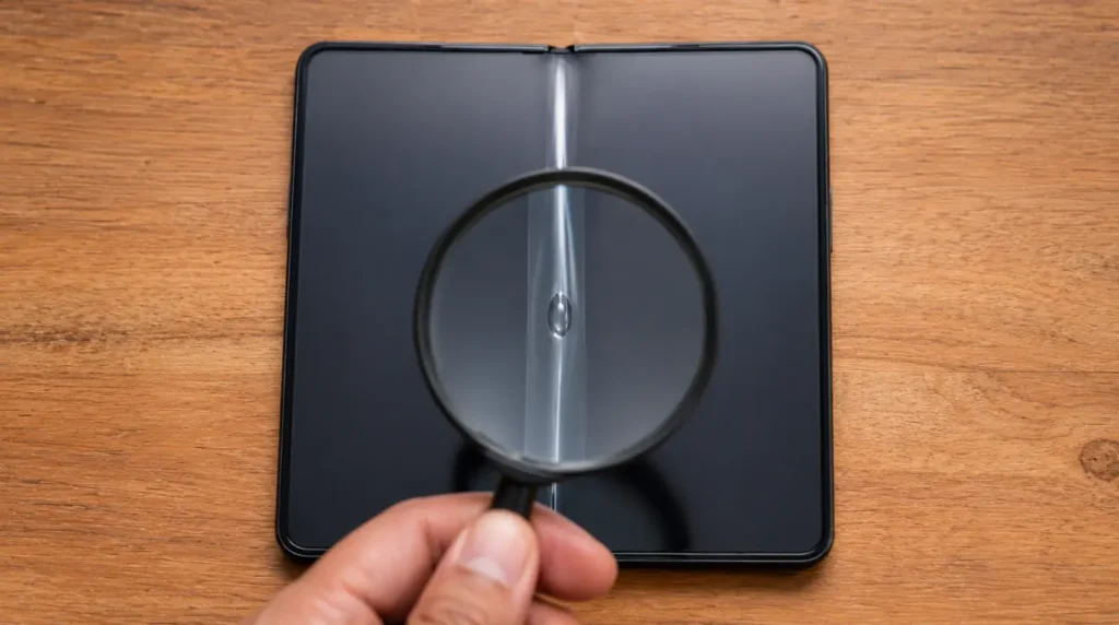 Close-up inspection of foldable phone screen protector bubble near the crease with magnifying loupe
