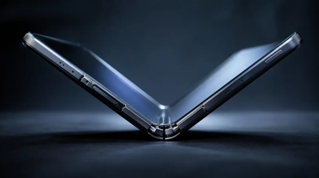 Side view of foldable smartphone hinge bending mid-fold showing flexible display curve