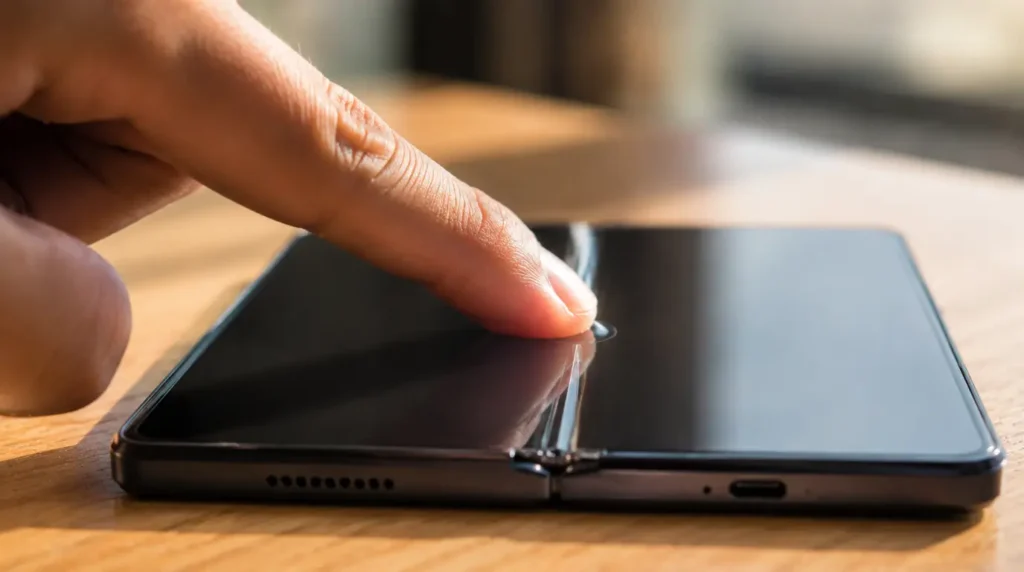 Finger pressing down on bubbled screen protector at foldable phone crease