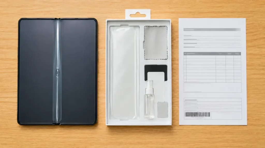 Foldable phone with bubbled crease next to screen protector replacement kit and repair service receipt