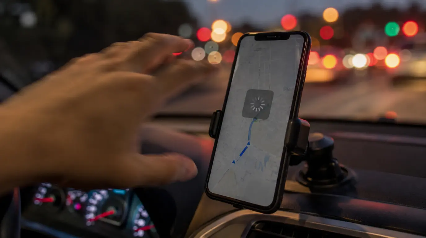 Smartphone mounted on car dashboard showing a frozen Google Maps navigation screen at dusk with city lights in background