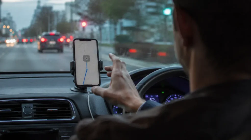 Driver reaching toward a dashboard-mounted phone with a stalled map screen while car is in motion