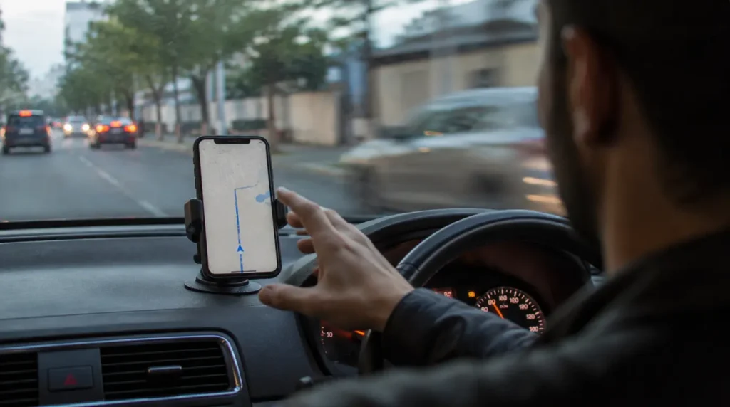 Close-up of a finger tapping an unresponsive frozen navigation screen mounted in a car