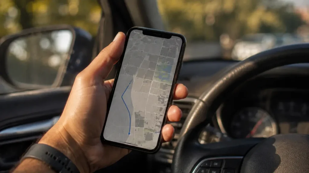 Smartphone screen showing partially loaded map tiles and a frozen route line held inside a car