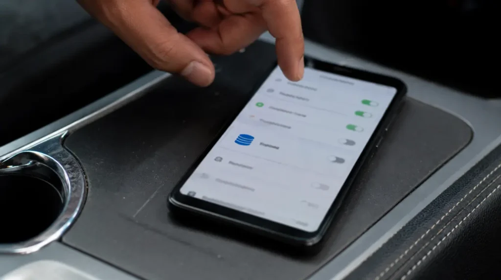 Hand about to tap app storage and cache settings on a smartphone resting on a car console