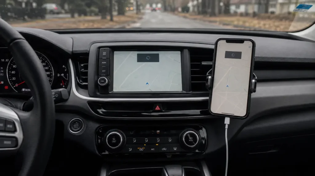 Car dashboard with both phone mount and infotainment display showing frozen navigation screens