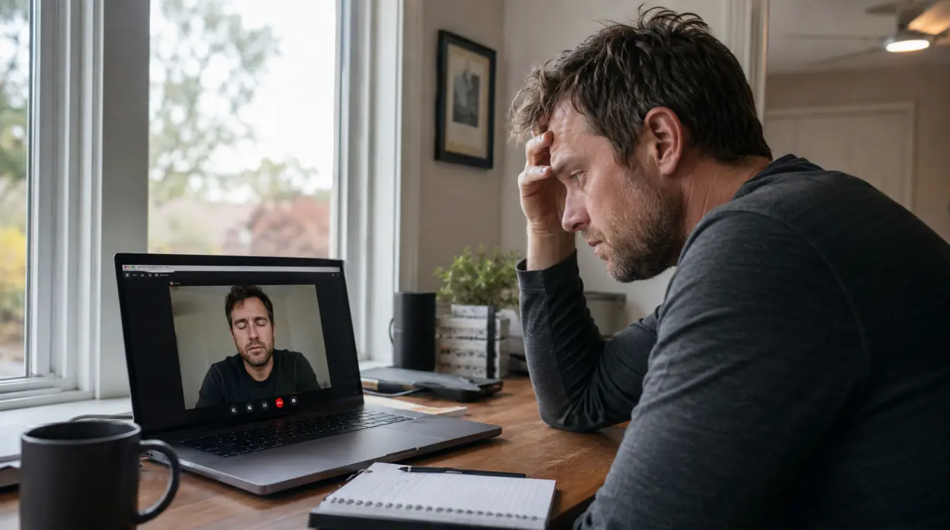 Person on a video call staring at a laptop with a frozen webcam feed during a Zoom meeting