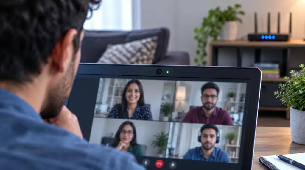Close-up of a laptop's built-in webcam lens with the camera light on during a video call
