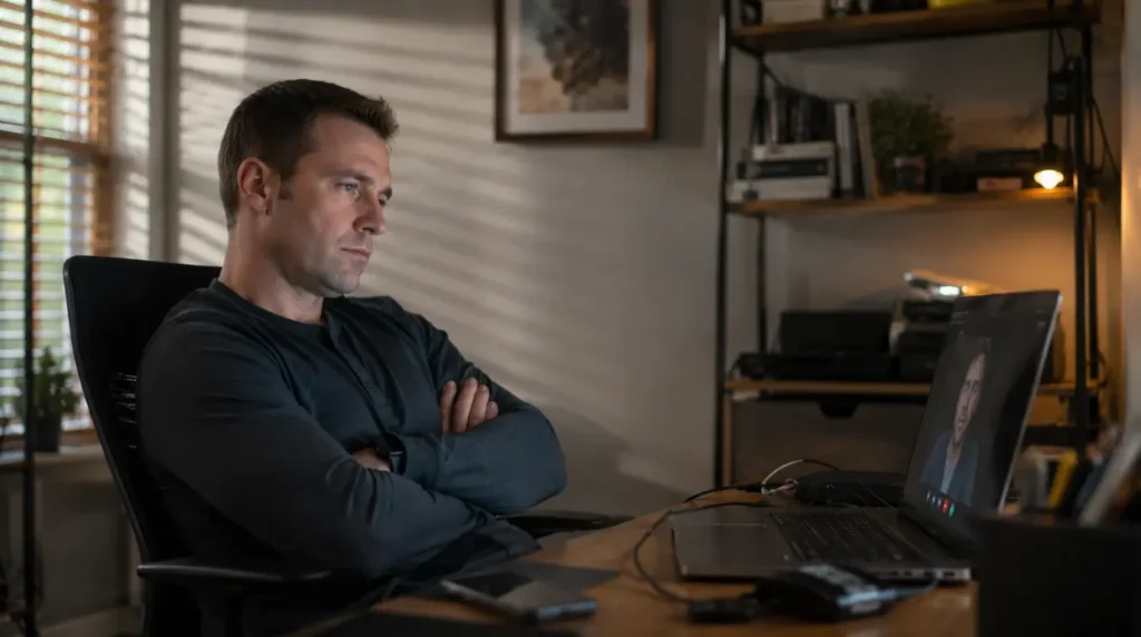 Frustrated person waiting at their desk for a frozen laptop camera to start working again