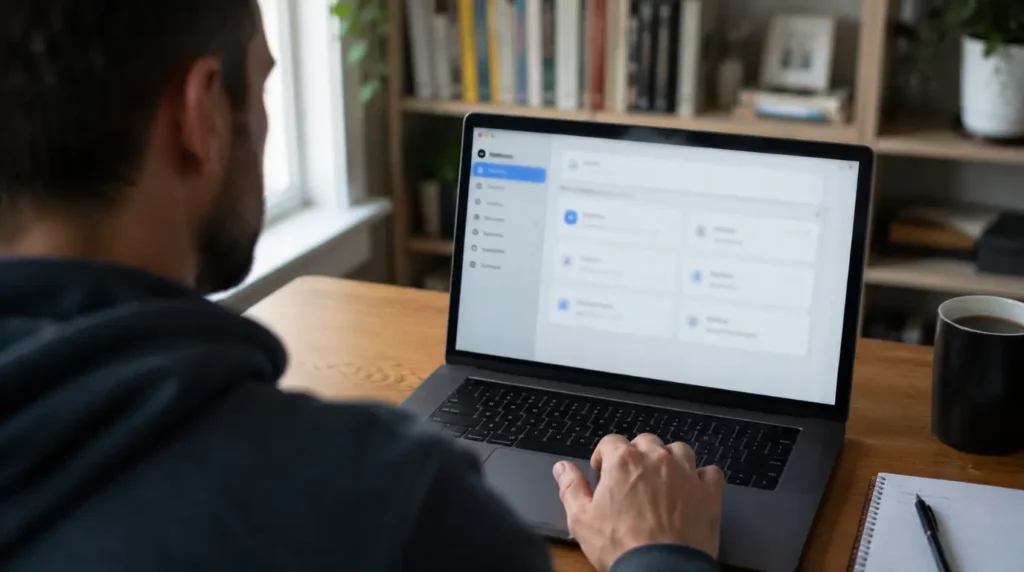 Person adjusting laptop video call settings to fix a frozen webcam during Zoom
