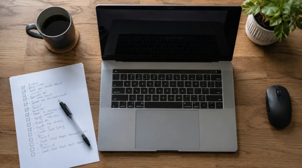 Laptop on a desk next to a handwritten troubleshooting checklist for camera freeze causes