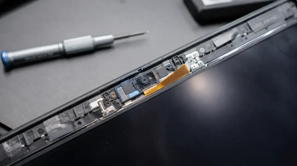 Laptop hinge opened during repair showing the internal webcam ribbon cable and camera module