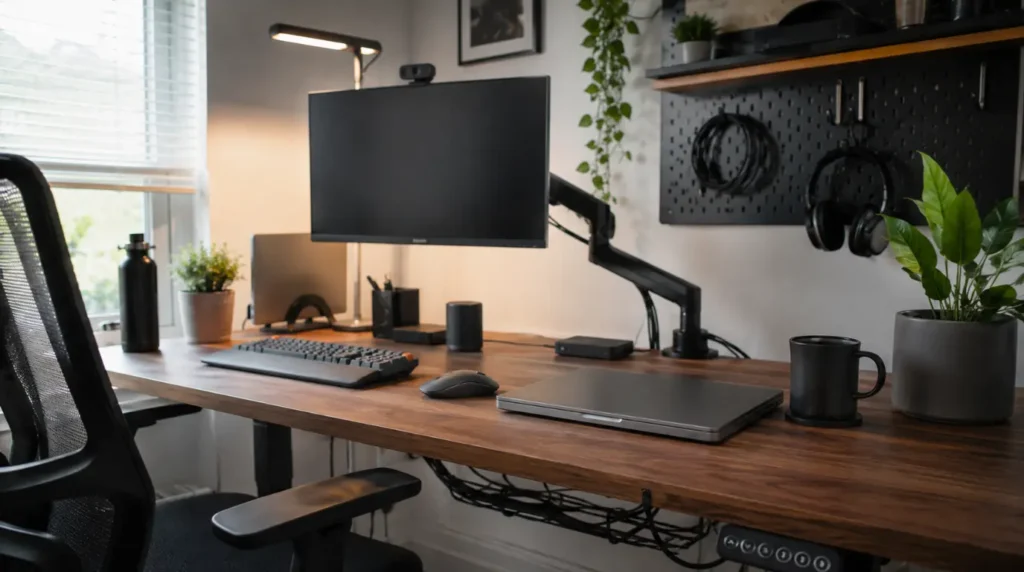 Clean, organized home office desk setup with a laptop to prevent future webcam freezing issues