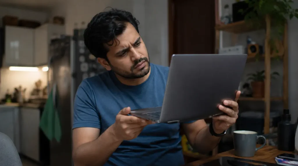 Person inspecting their laptop's webcam area after noticing it froze during a call