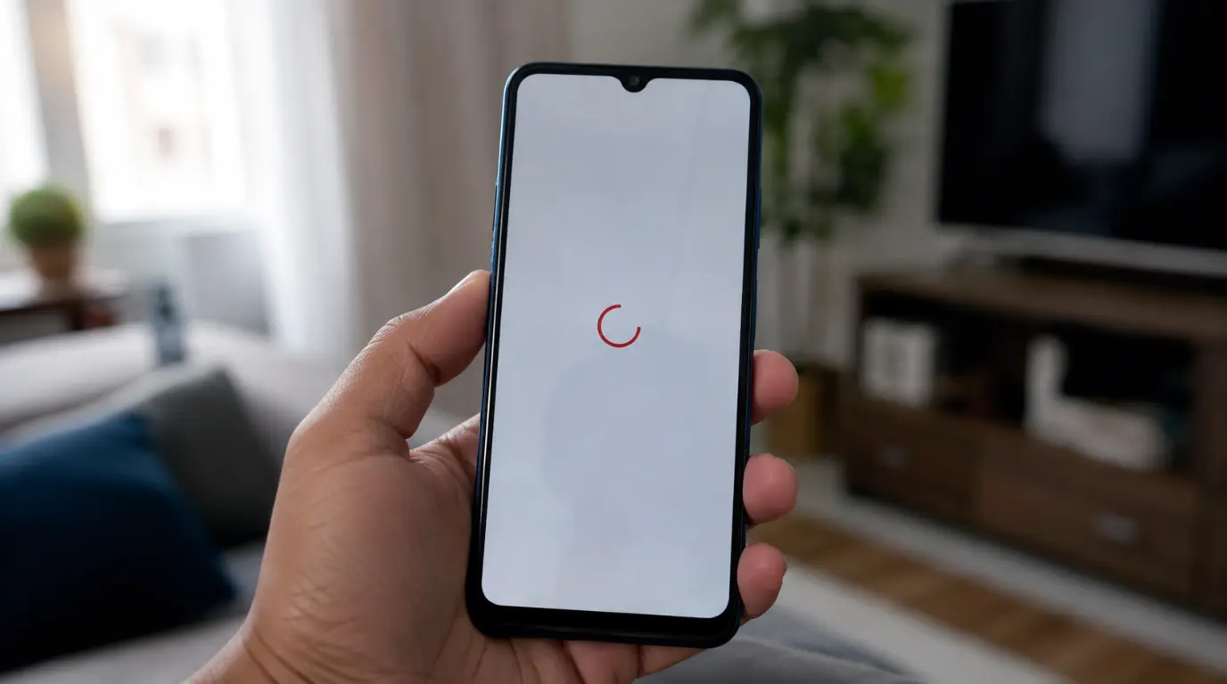 Person looking frustrated at a smartphone frozen on an app loading screen
