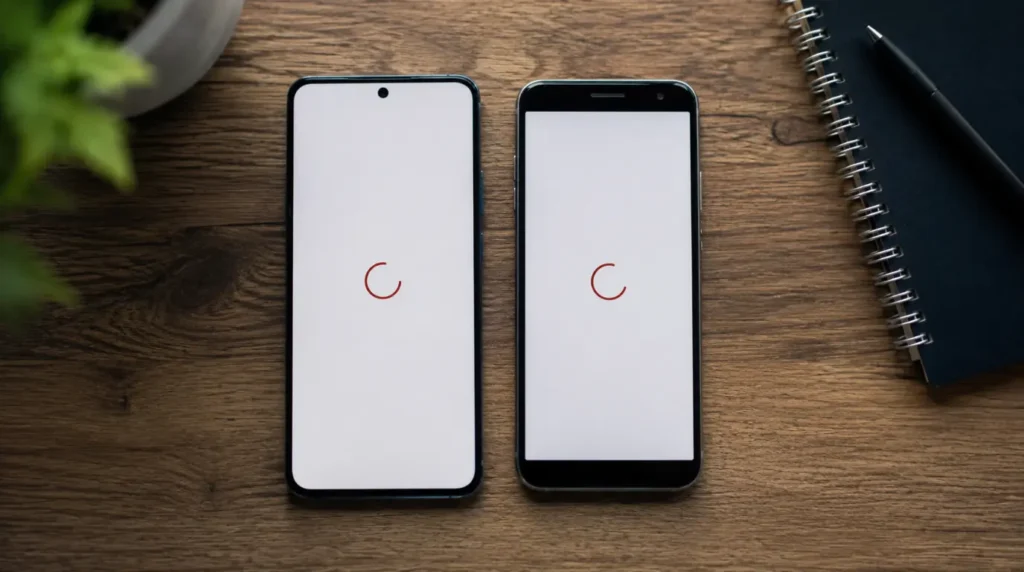 Split comparison of two phones showing the same frozen loading screen