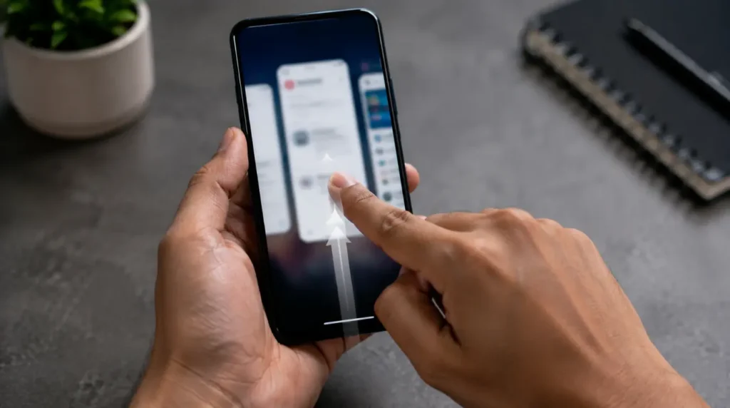 Hands performing a force-close and app restart gesture on a smartphone