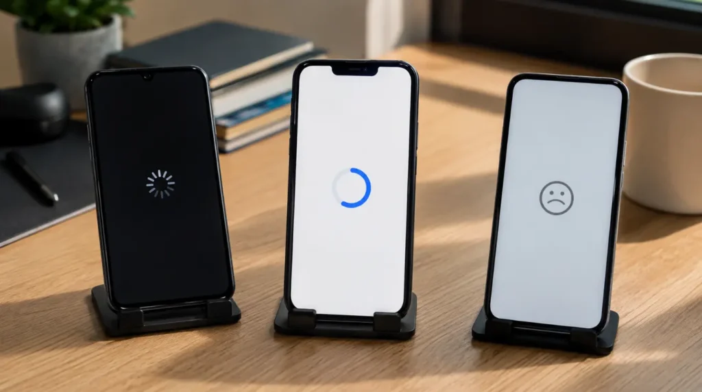 Several smartphones lined up on a desk, each showing a different frozen app screen