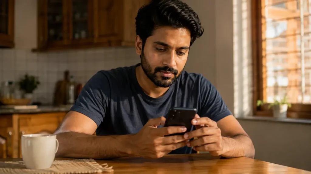 Person typing a search question into a smartphone with a thoughtful expression