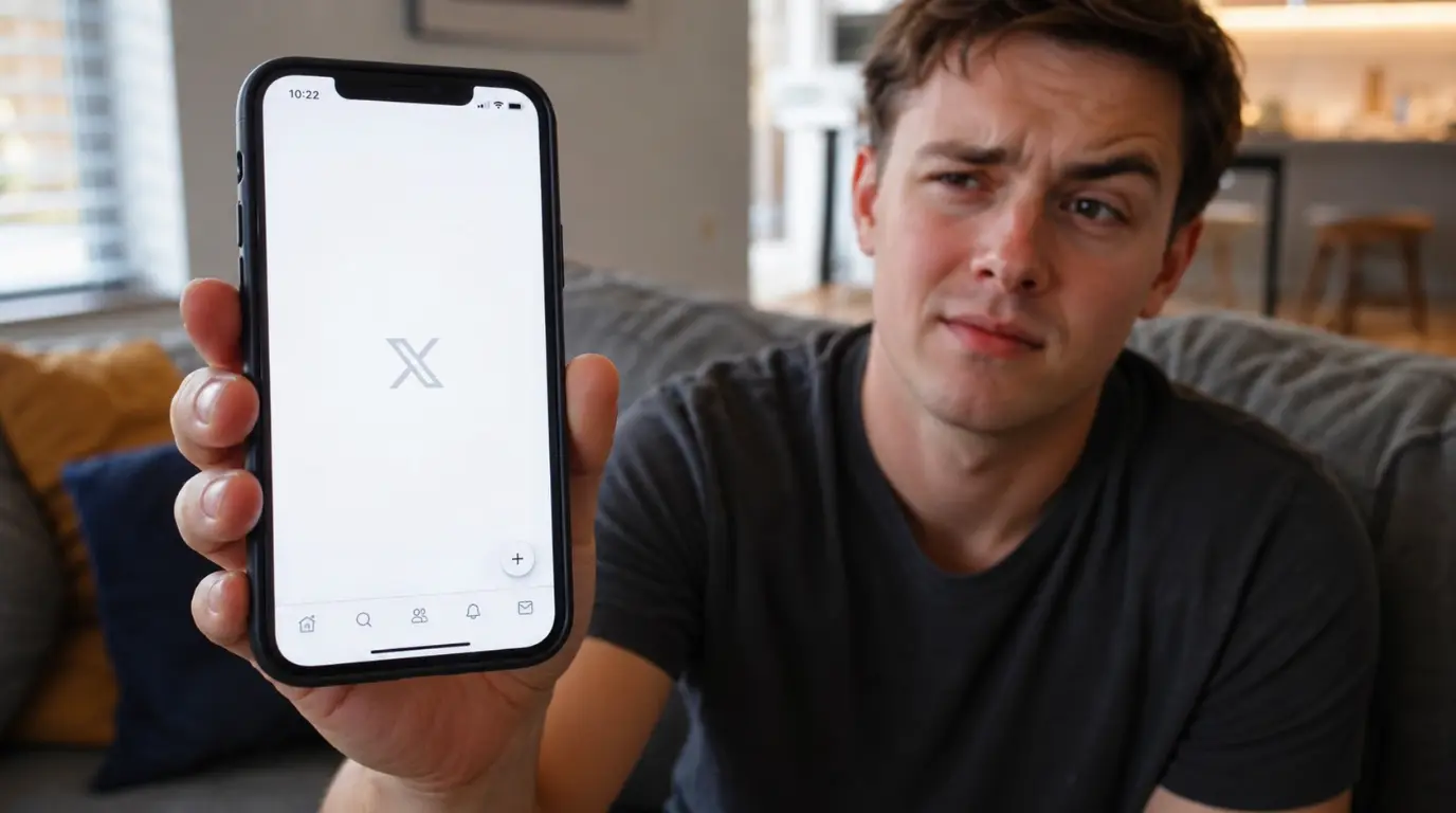 "Person looking confused at iPhone showing X Twitter app white screen instead of dark mode"