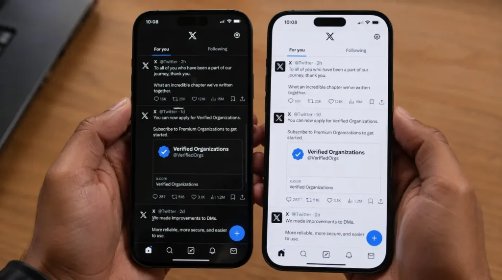 "Two phones side by side comparing X app dark mode versus new white screen after March 2026 update"