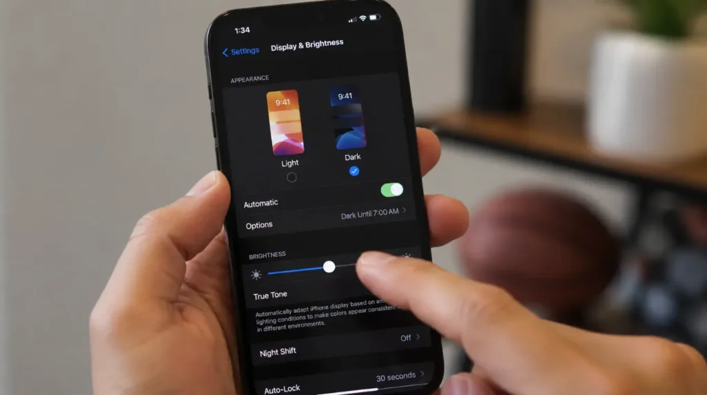 "iPhone Settings app open to Display and Brightness screen with Dark mode option selected"