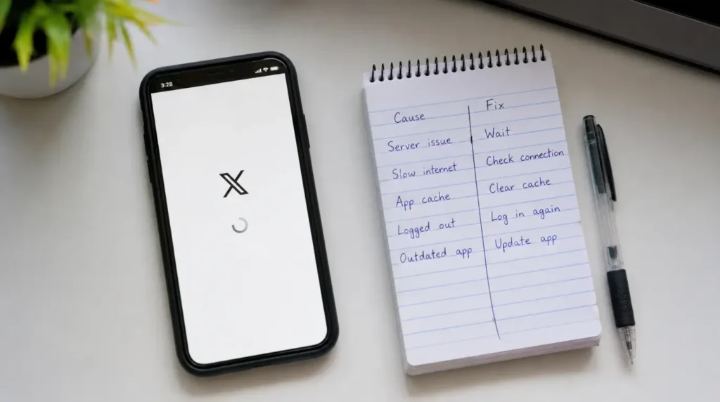 "Phone showing X app loading spinner on white screen next to handwritten cause and fix notes"