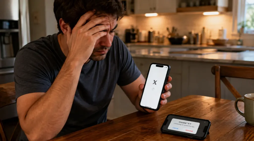"Frustrated person holding phone stuck on X app white screen about to uninstall unnecessarily"