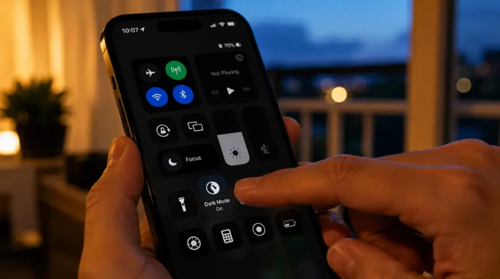 "Hand tapping dark mode toggle in phone quick settings panel to prevent X app white screen"