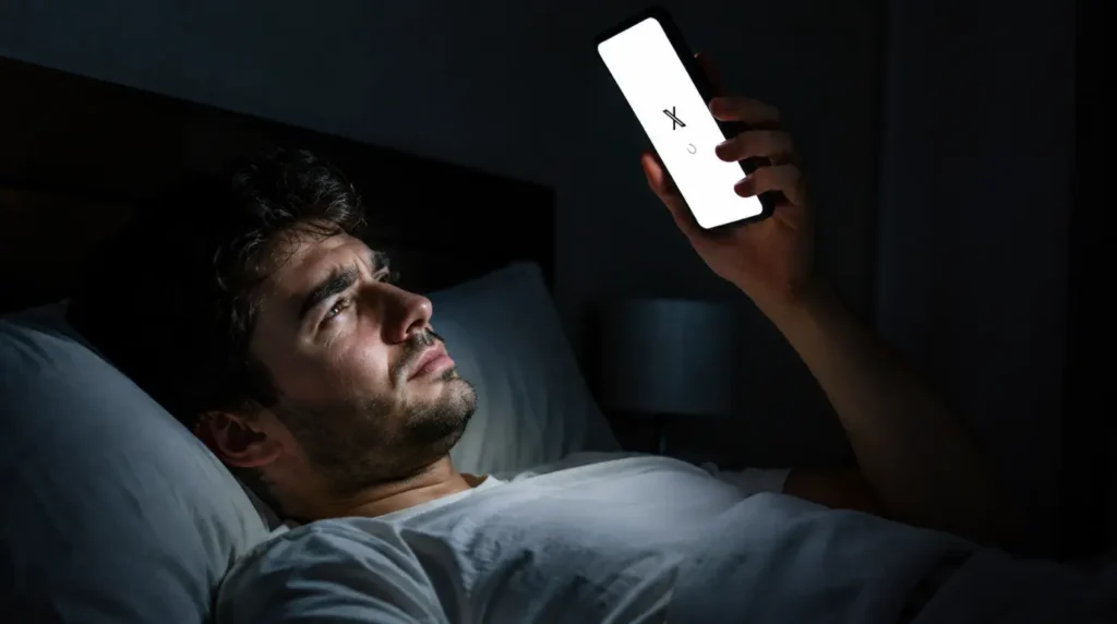 "Person checking phone in dark bedroom with X app screen glowing bright white unexpectedly"