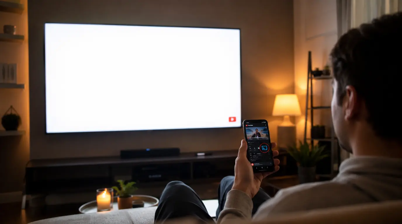 White TV screen with audio playing while casting YouTube from a smartphone
