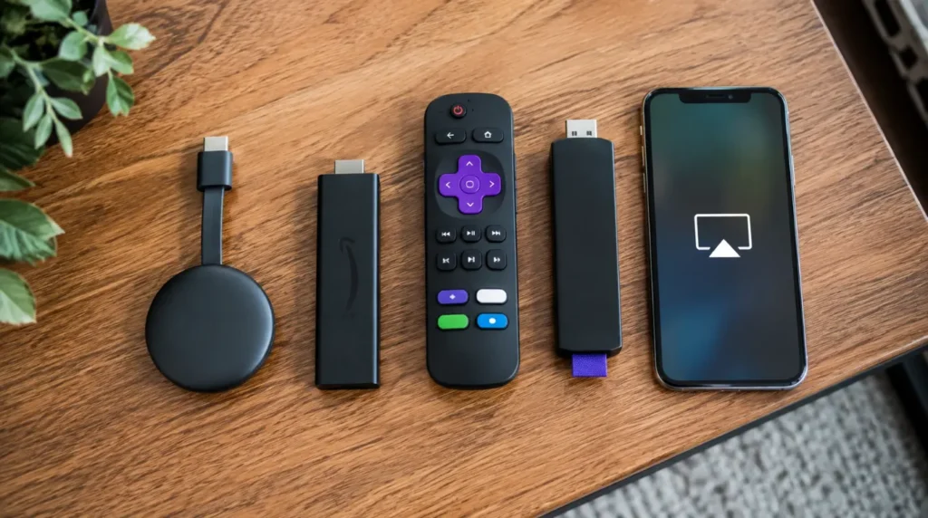 Chromecast, Fire TV Stick, Roku, and AirPlay devices used for casting YouTube to a TV