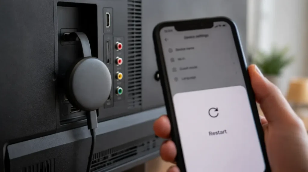 Chromecast dongle plugged into TV HDMI port with Google Home app restart screen open