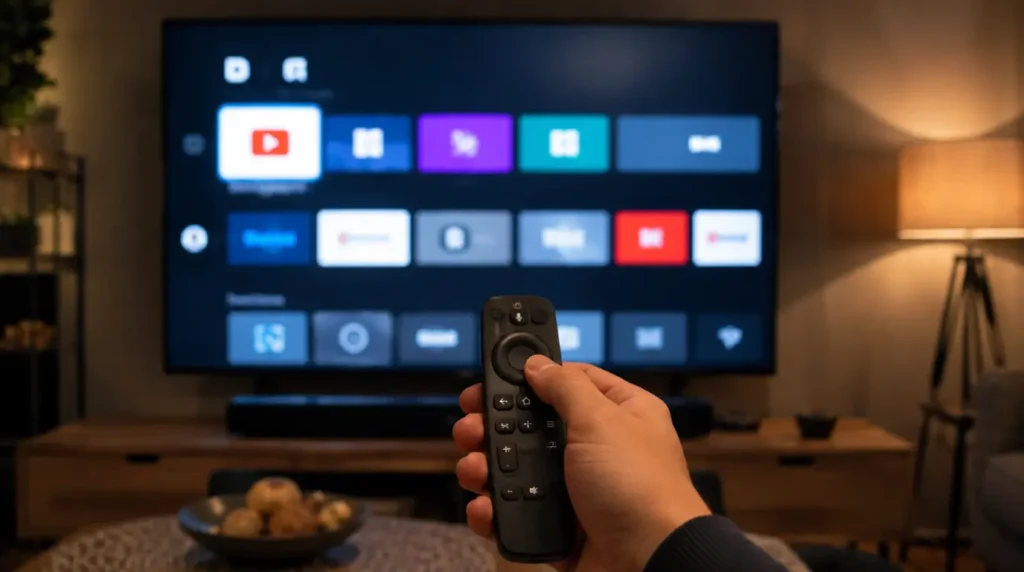 Smart TV home screen showing the YouTube app tile with remote control in hand